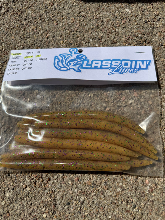 5" Stick Worm | Sand | Purple + Green Flake