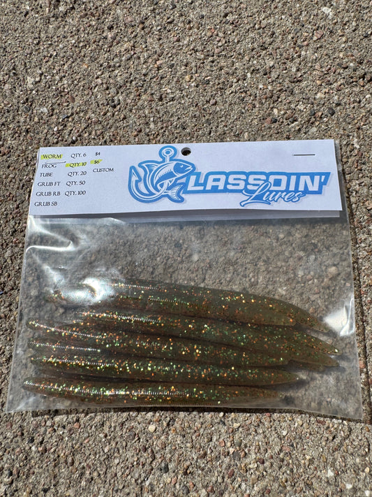 5" Stick Worm/ Motor Oil with Green + Orange Flake