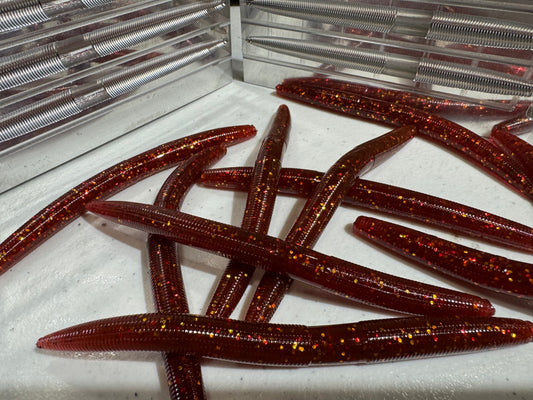 5" Stick Worm | Dark Red | Gold + Red Flake